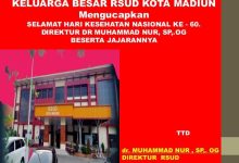 Keluarga besar RSUD kota Madiun Mengucapkan selamat hari kesehatan Nasional ke 60, Direktur dr Muhammad nur , Sp,.OG Beserta jajarannya.
