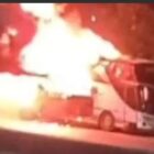 Bus terbakar membawa 49 penupang siswa sdit pula g dari Tour di lembang Bandung.