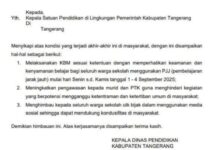 Kadis Pendidikan Kab Tangerang menghimbau agar murid dan Guru agar tidak mengunakan tetap muka.